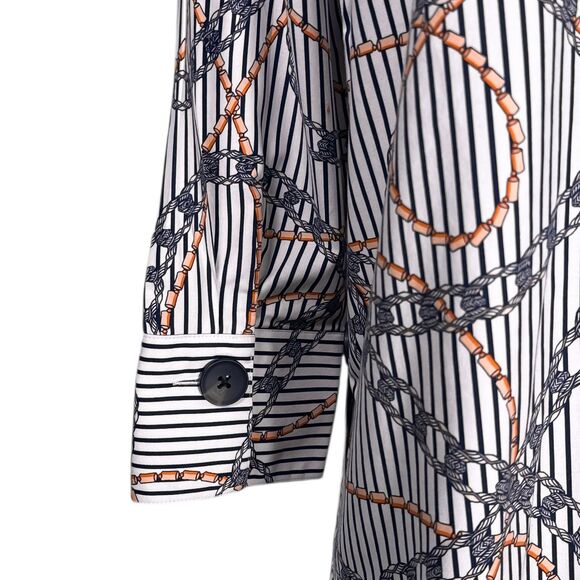 Chicos Womens Shirt 3 XL Navy White Chain Rope Stripe Tunic Stretch Button Top - Picture 10 of 10